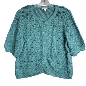 Sundance Jocelyn Cardigan Womens L Teal Blue Open Knit Preppy Boho Cropped Boxy